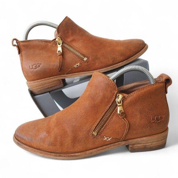 UGG Glee Leather Side Zip Ankle Booties Distressed Brown 1020262 Women's 8 - Picture 1 of 11